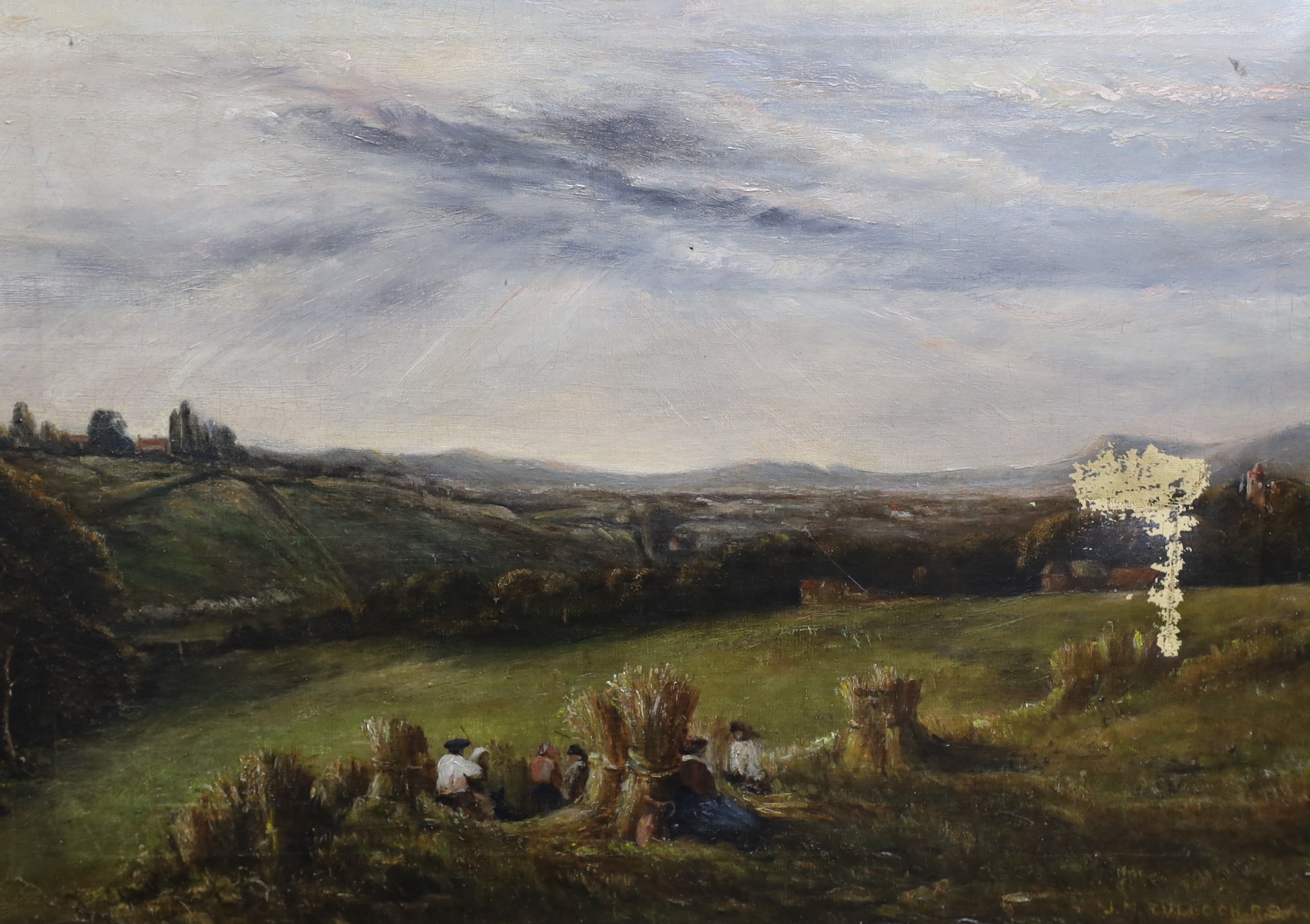 J. McCulloch RSA, oil on canvas, Harvesters at rest in a landscape, signed, 40 x 56cm, canvas dented